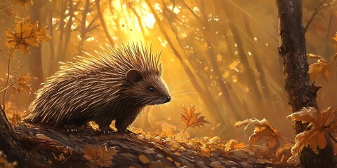 Sticker - A porcupine explores the forest floor at dawn, bathed in the warm glow of golden sunlight