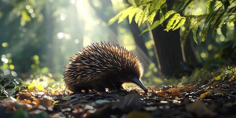 Sticker - Close-up of an echidna in its natural forest habitat, exploring the forest floor on a sunny day with sunlight filtering through the trees