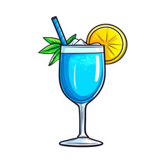 Canvas Print - Blue cocktail illustration with ice, lemon, and mint in cartoon style.