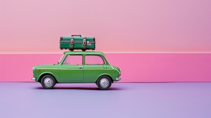 miniature green suitcase on green car on pink and purple background