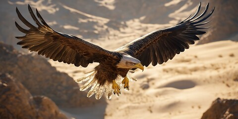 Sticker - Eagle Soaring Over Sandy Shores. Witness the Majestic Flight of a Powerful Bird of Prey as it Glides Effortlessly Above the Desert Sands