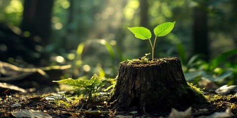 Wall Mural - New growth from weathered stump, filtered sunlight, medium shot, forest floor, high detail, renewal vibe