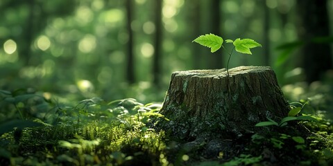 New growth from weathered stump, filtered sunlight, medium shot, forest floor, high detail, renewal vibe