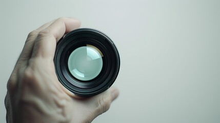 Wall Mural - Close up of a camera lens being held by a hand against a white background.