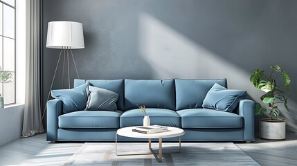 Wall Mural - modern scandinavian interior blue sofa white lamp in living room