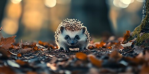 Wall Mural - baby hedgehog adorably exploring nature selective focus wildlife whimsical Composite forest floor