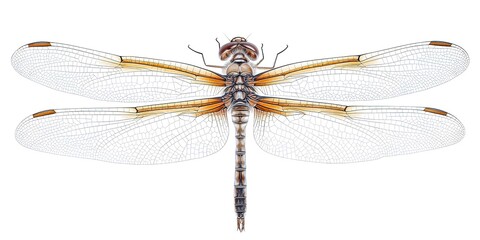 Dragonfly on white background. Extreme macro shots, Realistic animal insect clipart template pattern. Insects whose larvae live in water Adults live on land and have wings to fly. 