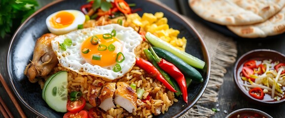 Wall Mural - Close up of a delicious fried rice dish with chicken, a fried egg, cucumber, red chili peppers, and tomatoes.