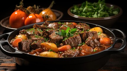 Canvas Print - Beef meat stew with potatoes, carrot and delicious gravy in black  