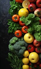 Canvas Print - Food. Set of fresh vegetables and fruits on a black stone background. 