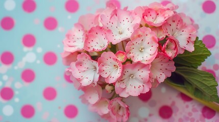 Wall Mural - Polka dot background pink decorative flowers closeup on colorful background