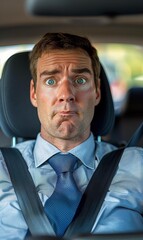 Canvas Print - A man looks concerned while wearing a seatbelt. AI.