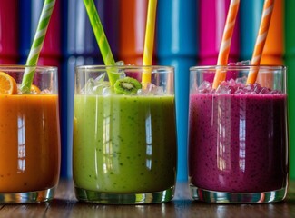 Wall Mural - Colorful smoothies with straws. AI.