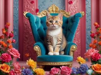 Poster - A cat sits on a small, ornate armchair surrounded by flowers. AI.