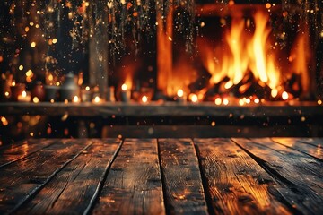 Cozy Fireplace Scene with Wooden Table