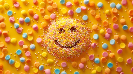 Wall Mural - Smiling emoji made of sweet colorful sugar sprinkles on yellow and orange background