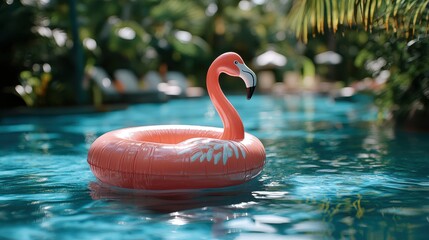 Detailed view of a plastic flamingo float with a tropical pool background