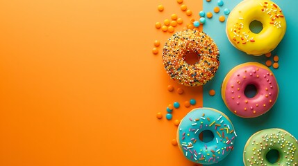 Wall Mural - Toy ice creams donut and beads on turquoise on yellow and orange background