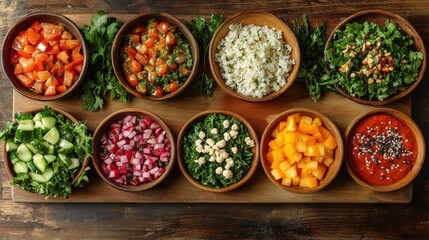 Healthy cooking essentials arranged on a wooden board