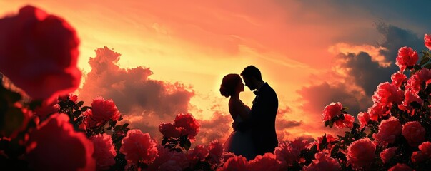 Silhouette of a couple embracing in a field of red roses at sunset.