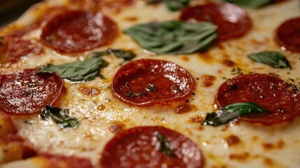 Poster - A close-up shot of a golden, crispy pepperoni pizza topped with melted mozzarella and fresh basil, exuding warmth and flavor from the oven.