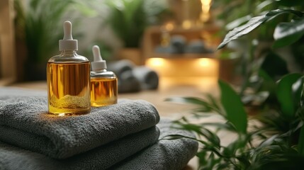 Spa treatment setup with aromatic oils and soft towels, close-up