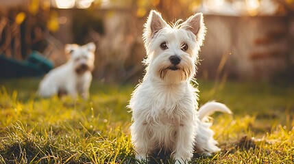 White dog waiting to play frisbee with his friend