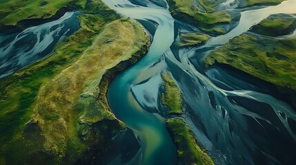 Aerial view of a river meandering through green landscape.