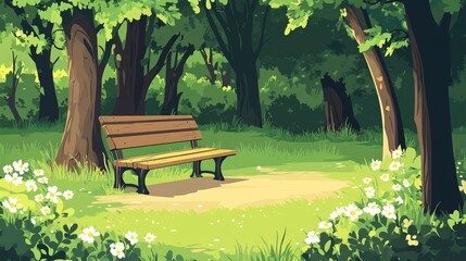 A cartoon landscape view of a wooden park bench, trees and green grass background.