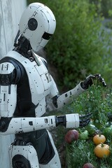 A robot tending to plants in a garden, showcasing the blend of technology and nature, depicting futuristic agriculture.