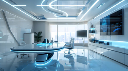 Poster - Futuristic minimalist 3d office with blue accents