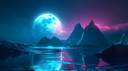 Wall Mural - Futuristic night landscape with abstract landscape and island, moonlight, shine. Dark natural scene with reflection of light in the water, neon blue light. Dark neon background. 3D illustration