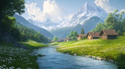 Poster - A serene Swiss countryside view, with a sparkling river stream, cozy houses, and the majestic Alps in the background, creating a perfect postcard image.