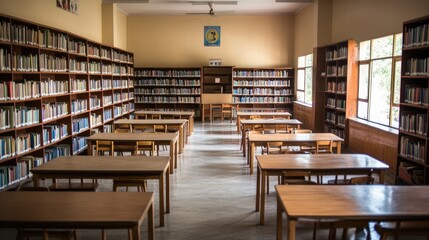 An empty Indian school library, with rows of wooden shelves filled with books, neatly arranged tables, and chairs, providing a peaceful space for learning.