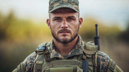 Close-up portrait of a determined soldier in camouflage