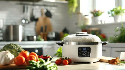 A rice cooker sits on a countertop with fresh vegetables nearby, including broccoli, garlic, tomatoes, chili peppers, and green beans. A cutting board and a pile of spice are also present.