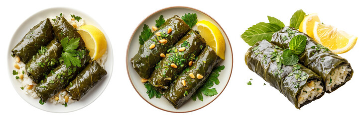 Three plates of stuffed grape leaves with lemon slices isolated on transparent background