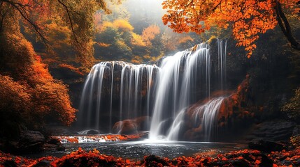 Poster - Autumn Waterfall in a Misty Forest