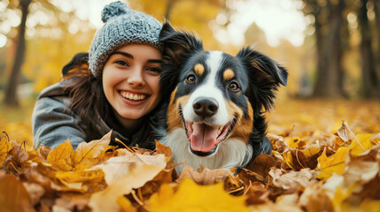 Wall Mural - Happy woman playing with a dog in autumn park