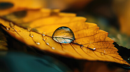 Wall Mural - Close-up of the water drop on the autumn yellow leaf
