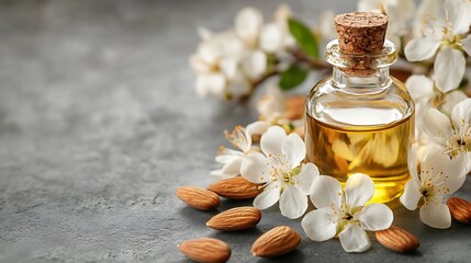 Almond Oil in a Glass Bottle with Almonds and Flowers on Grey Background.