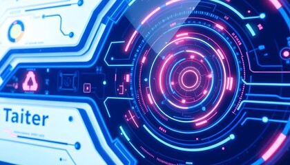 blue circuit board background. A futuristic, abstract  digital illustration with a central glowing circular portal or portal surrounded by various geometric shapes, lines, and patterns