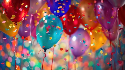 A colorful mix of balloons and confetti in a close-up shot, capturing the celebratory essence of a party.