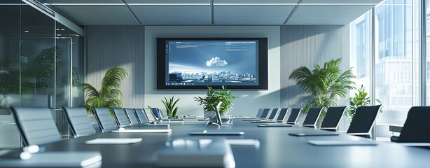 Wall Mural - A meeting room setup with a large screen showing cloud-synced documents, smart devices on the table for real-time collaboration, clear light, realistic photo 8K