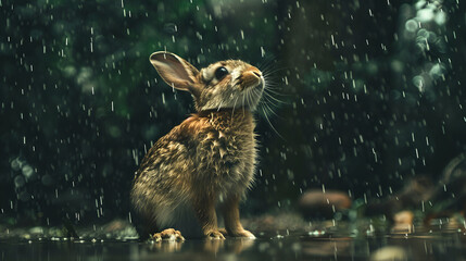 Cute brown rabbit sits in a lush green magical forest with large ears perked up ai generative..