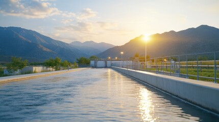 Wall Mural - A dynamic image of a wastewater treatment plant at night, illuminated by the biogas-powered lighting system