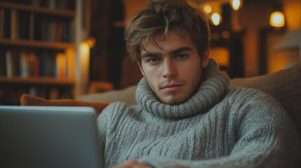 Poster - Young businessman in casual attire working on laptop at home, writing notes, freelance work scene