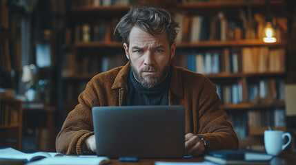 Poster - Casual young businessman working on laptop, making calculations at desk, remote work environment