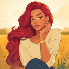 Poster - A vibrant cartoon illustration showcases a beautiful African American woman with long red hair, deep in thought about love.