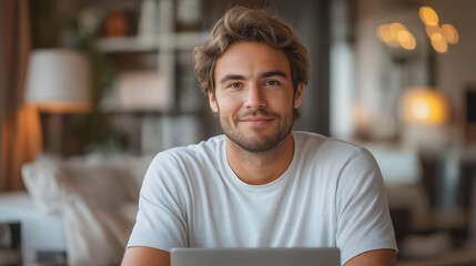 Poster - Portrait of young business man in casual wear, laptop and notes, desk work, remote and freelance setting
